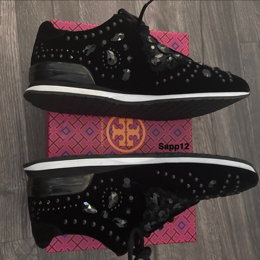 TORY BURCH * SCARLETT RUNNER VELVET   EMBELLISHED BLACK SNEAKERS - Picture 9 of 10